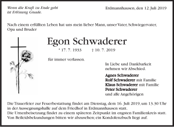 Traueranzeige von Egon Schwaderer von Marbacher Zeitung