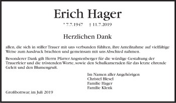 Traueranzeige von Erich Hager von Marbacher Zeitung