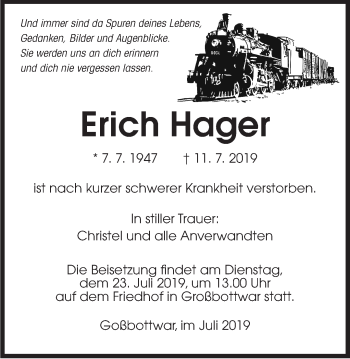 Traueranzeige von Erich Hager von Marbacher Zeitung