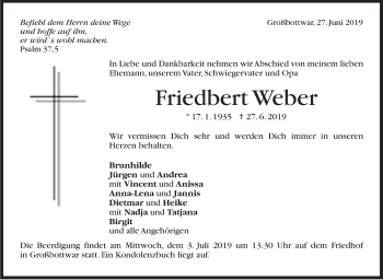 Traueranzeige von Friedbert Weber von Marbacher Zeitung