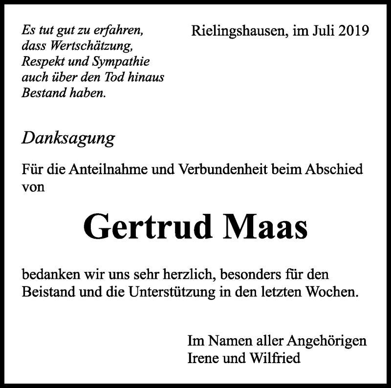  Traueranzeige für Gertrud Maas vom 10.07.2019 aus Marbacher Zeitung