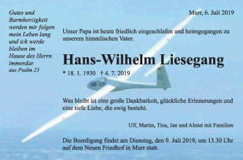 Traueranzeige von Hans-Wilhelm Liesegang von Marbacher Zeitung