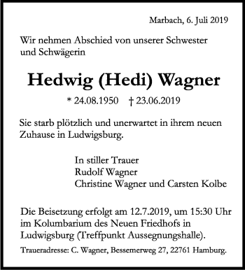 Traueranzeige von Hedwig Wagner von Marbacher Zeitung