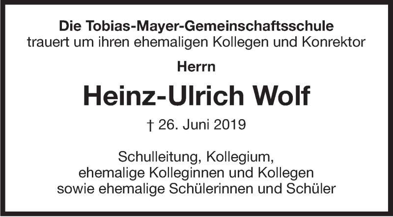  Traueranzeige für Heinz-Ulrich Wolf vom 20.07.2019 aus Marbacher Zeitung