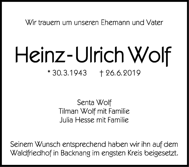  Traueranzeige für Heinz-Ulrich Wolf vom 18.07.2019 aus Marbacher Zeitung