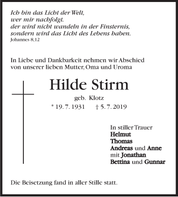 Traueranzeige von Hilde Stirm von Marbacher Zeitung