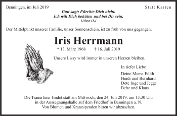 Traueranzeige von Iris Herrmann von Marbacher Zeitung