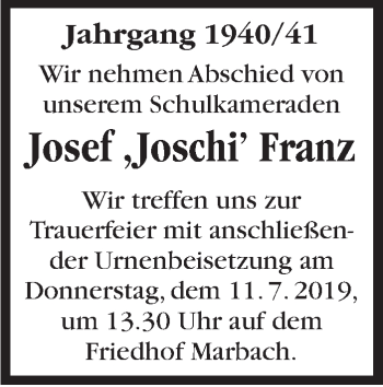 Traueranzeige von Josef Franz von Marbacher Zeitung
