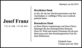Traueranzeige von Josef Franz von Marbacher Zeitung