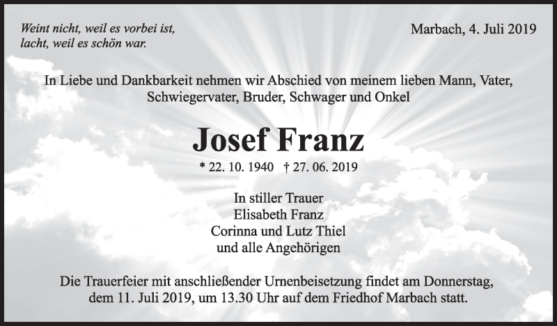 Traueranzeige für Josef Franz vom 04.07.2019 aus Marbacher Zeitung