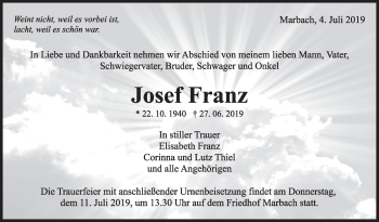 Traueranzeige von Josef Franz von Marbacher Zeitung