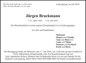 Traueranzeige von Jürgen Brackmann von Marbacher Zeitung
