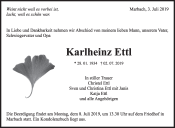Traueranzeige von Karlheinz Ettl von Marbacher Zeitung