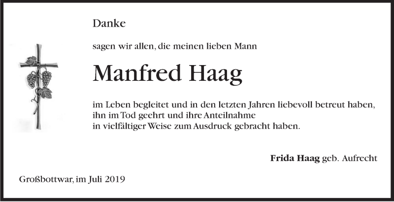  Traueranzeige für Manfred Haag vom 09.07.2019 aus Marbacher Zeitung