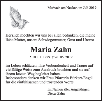 Traueranzeige von Maria Zahn von Marbacher Zeitung