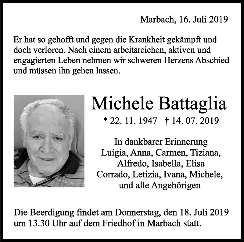  Traueranzeige für Michele Battaglia vom 16.07.2019 aus Marbacher Zeitung