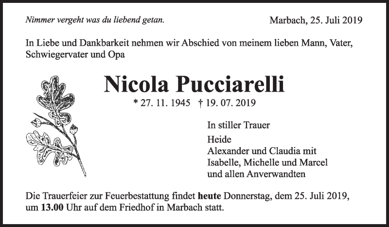  Traueranzeige für Nicola Pucciarelli vom 25.07.2019 aus Marbacher Zeitung