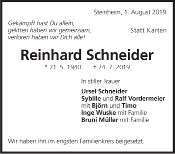 Traueranzeige von Reinhard Schneider von Marbacher Zeitung