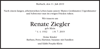 Traueranzeige von Renate Ziegler von Marbacher Zeitung