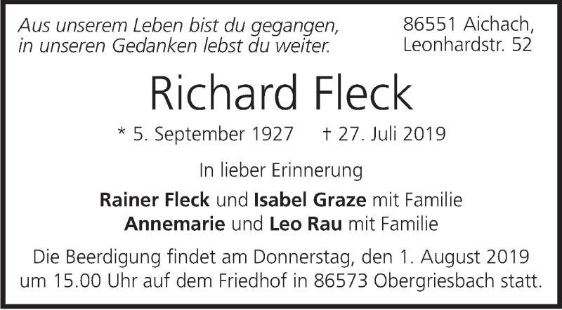  Traueranzeige für Richard Fleck vom 31.07.2019 aus Marbacher Zeitung