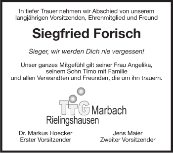 Traueranzeige von Siegfried Forisch von Marbacher Zeitung