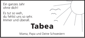 Traueranzeige von Tabea  von Marbacher Zeitung