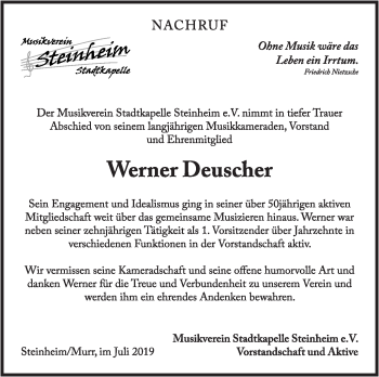Traueranzeige von Werner Deuscher von Marbacher Zeitung