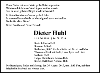 Traueranzeige von Dieter Hubl von Marbacher Zeitung