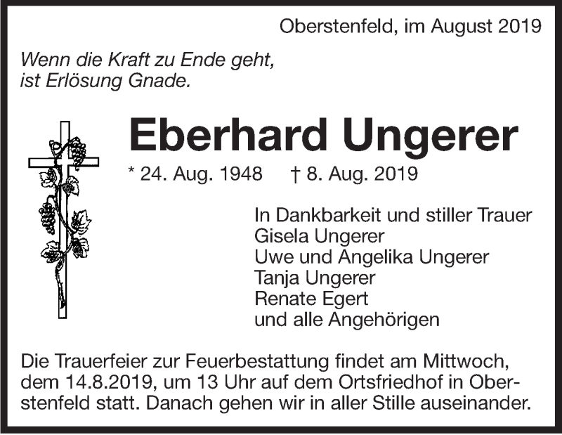  Traueranzeige für Eberhard Ungerer vom 10.08.2019 aus Marbacher Zeitung