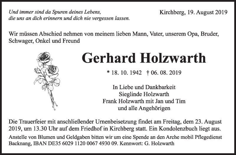  Traueranzeige für Gerhard Holzwarth vom 19.08.2019 aus Marbacher Zeitung