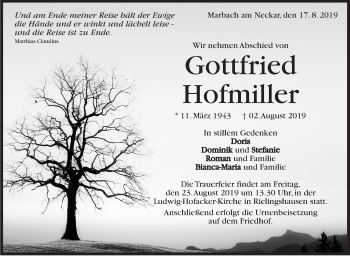 Traueranzeige von Gottfried Hofmiller von Marbacher Zeitung