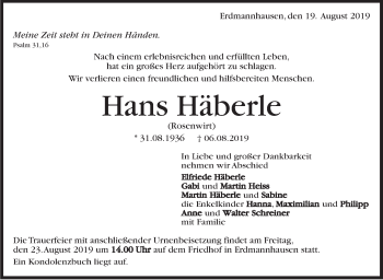 Traueranzeige von Hans Häberle von Marbacher Zeitung