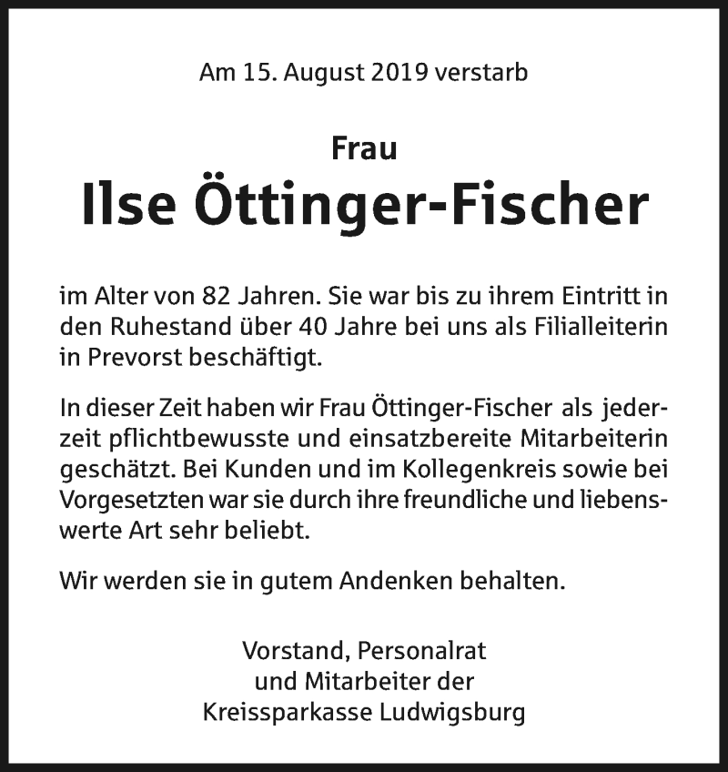  Traueranzeige für Ilse Öttinger-Fischer vom 23.08.2019 aus Marbacher Zeitung