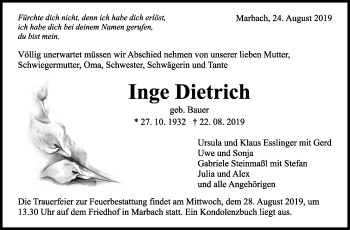 Traueranzeige von Inge Dietrich von Marbacher Zeitung