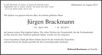 Traueranzeige von Jürgen Brackmann von Marbacher Zeitung