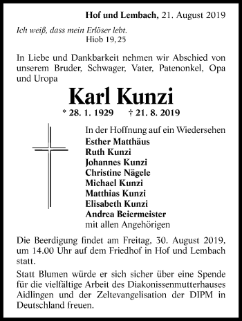 Traueranzeige von Karl Kunzi von Marbacher Zeitung