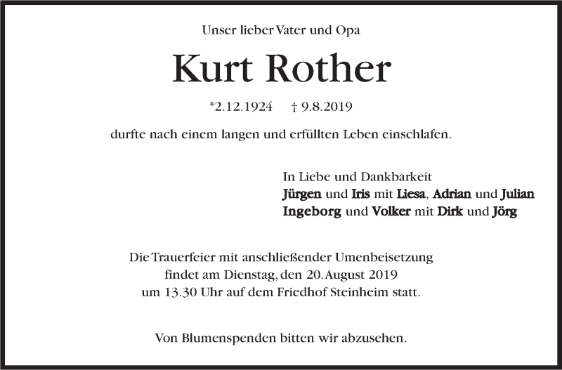  Traueranzeige für Kurt Rother vom 14.08.2019 aus Marbacher Zeitung