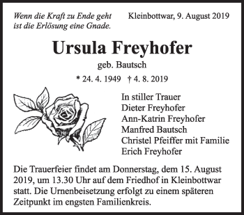 Traueranzeige von Ursula Freyhofer von Marbacher Zeitung