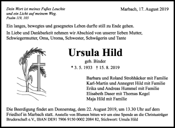 Traueranzeige von Ursula Hild von Marbacher Zeitung
