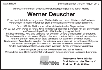 Traueranzeige von Werner Deuscher von Marbacher Zeitung