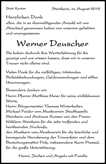 Traueranzeige von Werner Deuscher von Marbacher Zeitung