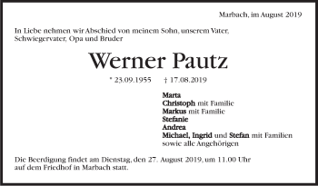 Traueranzeige von Werner Pautz von Marbacher Zeitung