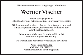 Traueranzeige von Werner Vischer von Marbacher Zeitung