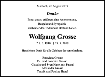 Traueranzeige von Wolfgang Große von Marbacher Zeitung