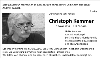 Traueranzeige von Christoph Kemmer von Marbacher Zeitung