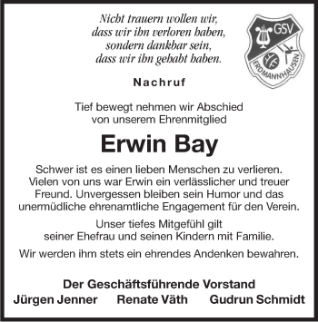 Traueranzeige von Erwin Bay von Marbacher Zeitung