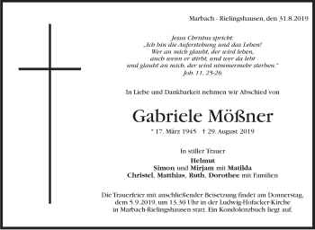 Traueranzeige von Gabriele Mößner von Marbacher Zeitung