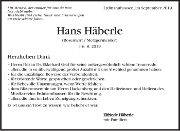 Traueranzeige von Hans Häberle von Marbacher Zeitung