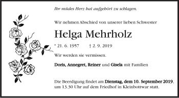 Traueranzeige von Helga Mehrholz von Marbacher Zeitung