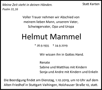 Traueranzeige von Helmut Mammel von Marbacher Zeitung